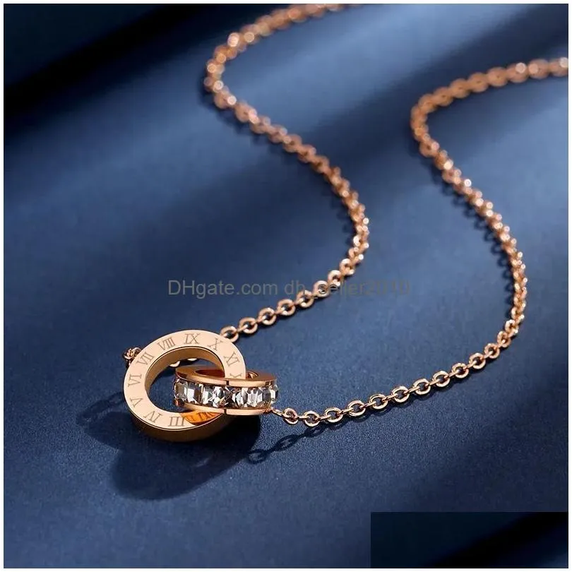 titanium steel cz zircon double circle love roman numerals pendant necklace women wedding fashion street jewelry