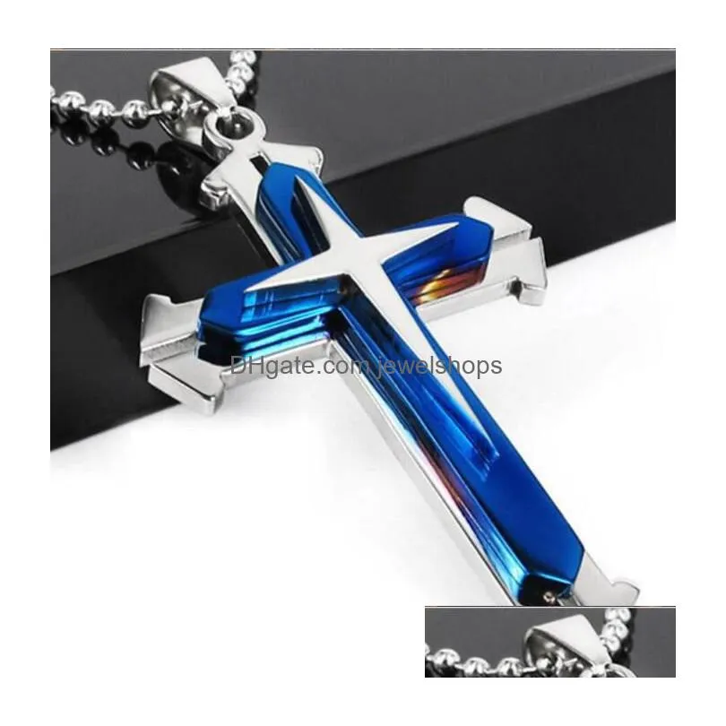 3 layer knight cross pendant necklace stainless steel chain silver gold black color jewelry gifts for men women