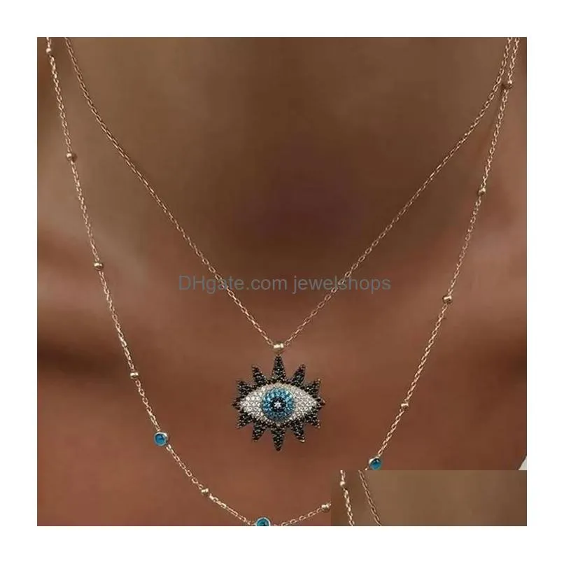 double layers blue evil eyes pendant necklace rhinestone boho lucky eye necklaces jewelry for women gifts