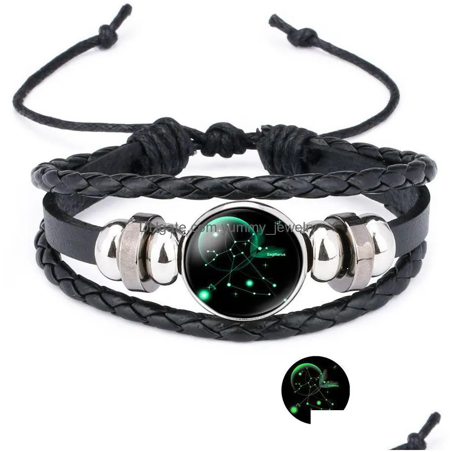 12 zodiac glow in the dark sign bracelets for women men constellation snap button charm leather rope bangle fashion jewelry