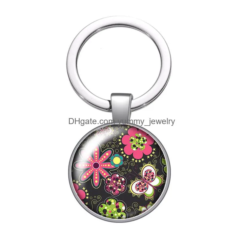 painting flowers beauty glass cabochon keychain bag car key chain ring holder charms silver keychains for men women gift