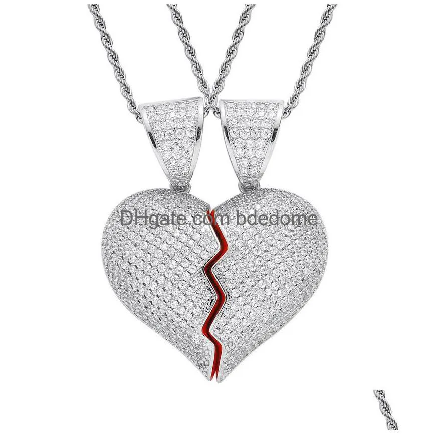 18k gold broken heart necklace hip hop copper cubic zircon jewelry set 60cm chains combination joint hearts pendant diamond iced out necklaces for women