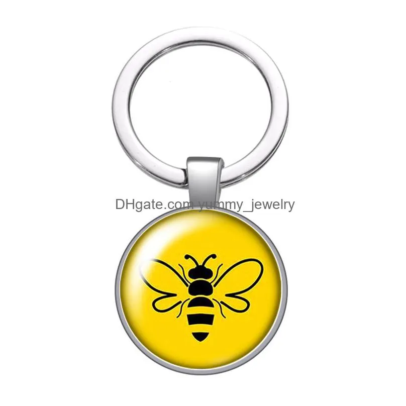 bee happy save the bees lovely bee glass cabochon keychain bag car key rings holder charms silver plated key chains women gifts