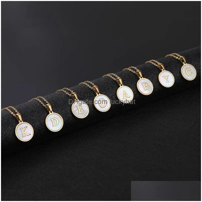 initial letter necklace a-z white shell round alphabet pendants stainless steel letters men women pendant charm jewelry gift