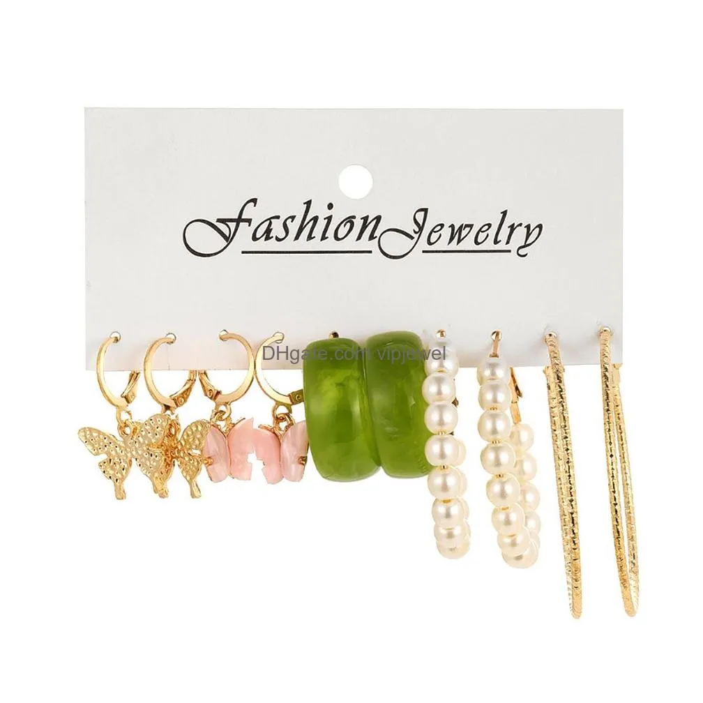 boho colorful geometric heart resin acrylic hoop earrings set for women trendy pearl butterfly earrings party jewelry gift
