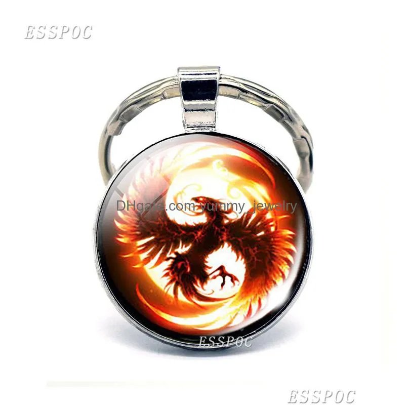 phoenix keychain steampunk yin yang jewelry glass cabochon keyring metal fashion accessories for men women valentines gift
