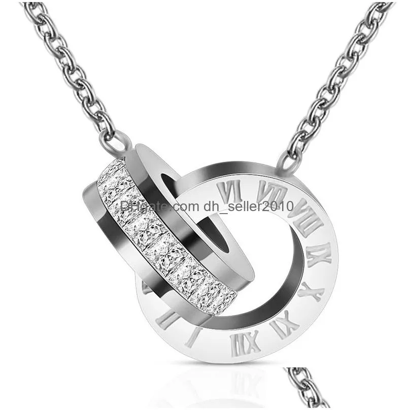 titanium steel cz zircon double circle love roman numerals pendant necklace women wedding fashion street jewelry