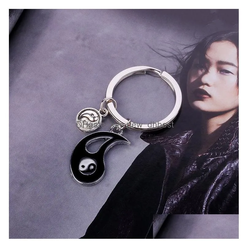 fashion yin and yang tai chi keychains stitching alloy black white best-friends couple leather keychain keyrings jewelry accessories