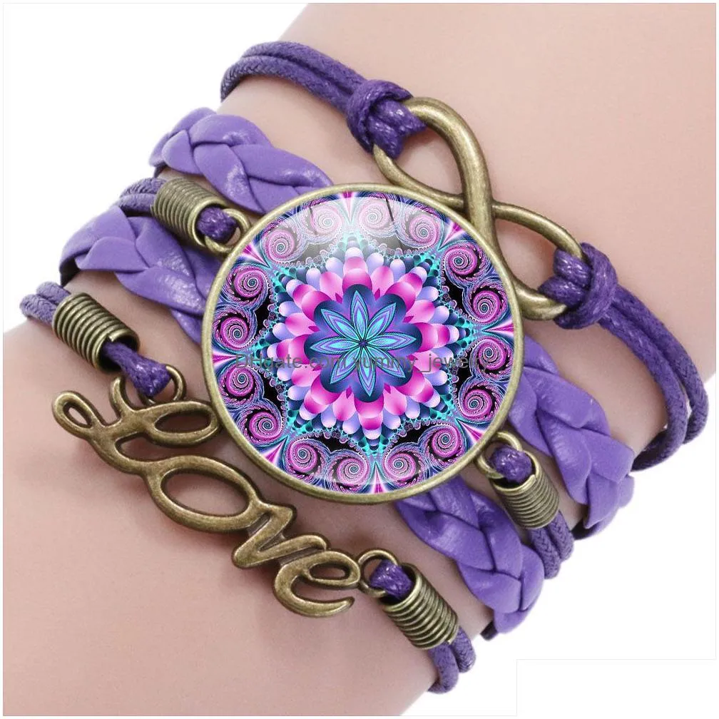 mandola flower buddhism zen glass cabochon love charm leather wrap bracelets bangles for women men gift bracelet