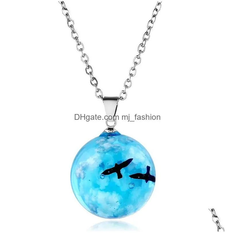 transparent resin rould ball luminous pendant women blue sky white cloud chain necklace jewelry gifts for girl fashion chic necklaces