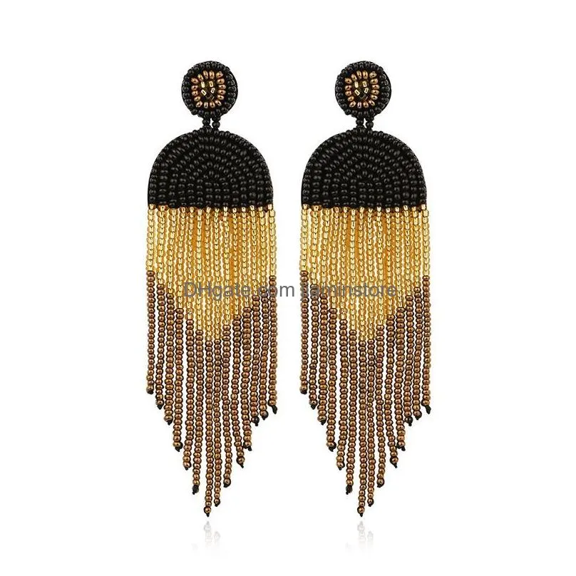 long boho statement beaded tassel dangle earrings big large bohemian handmade seed bead drop earrings for women