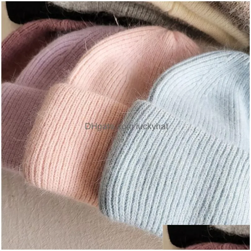 rabbit fur winter hats for women fashion warm beanie solid adult cover head cap