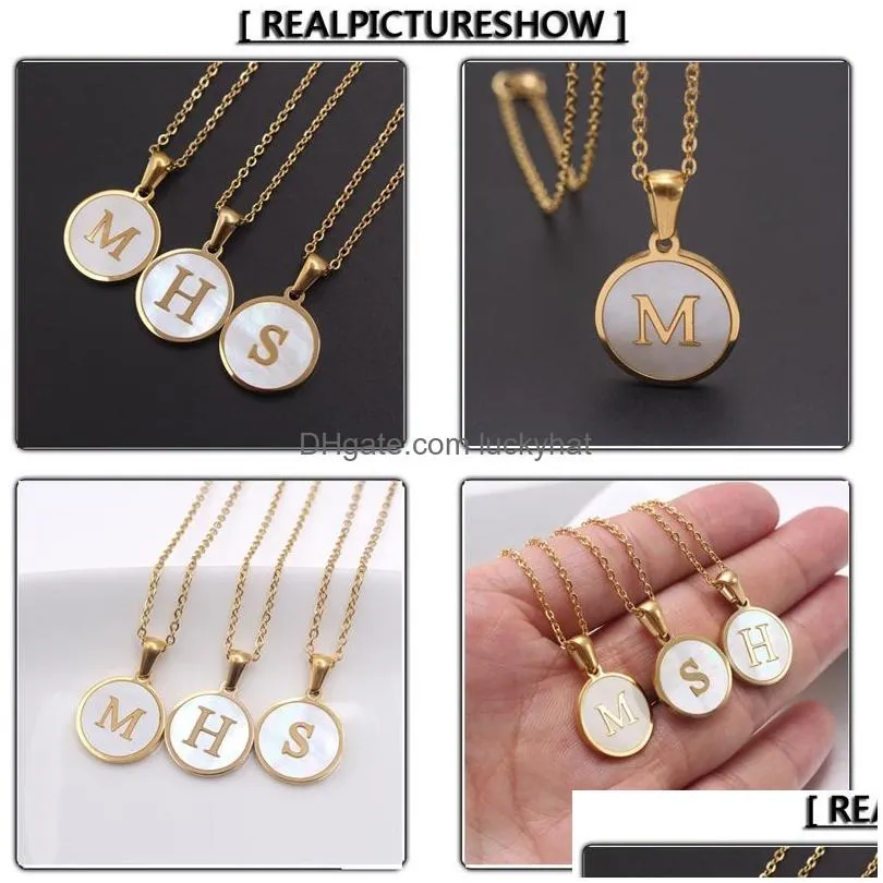 initial letter necklace a-z white shell round alphabet pendants stainless steel letters men women pendant charm jewelry gift