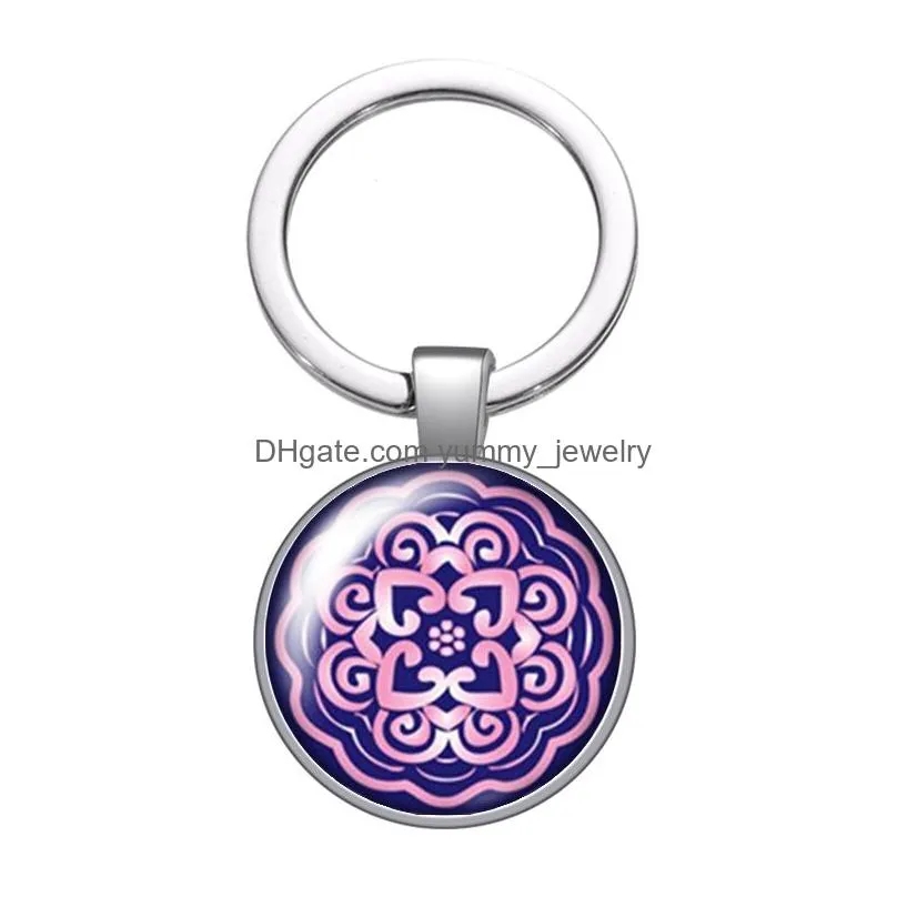 beauty flower vintage patterns glass cabochon keychain bag car key rings holder charms silver plated key chains men women gifts