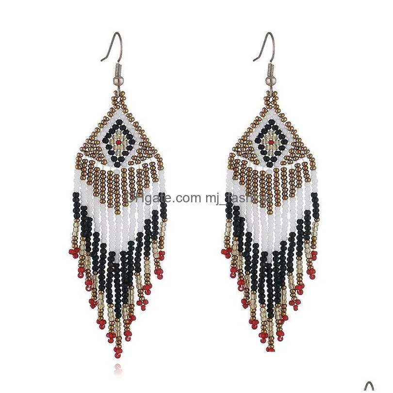 retro bohemia rice bead dangle hand weaving beaded colorful simplicity geometry alloy tassel earrings