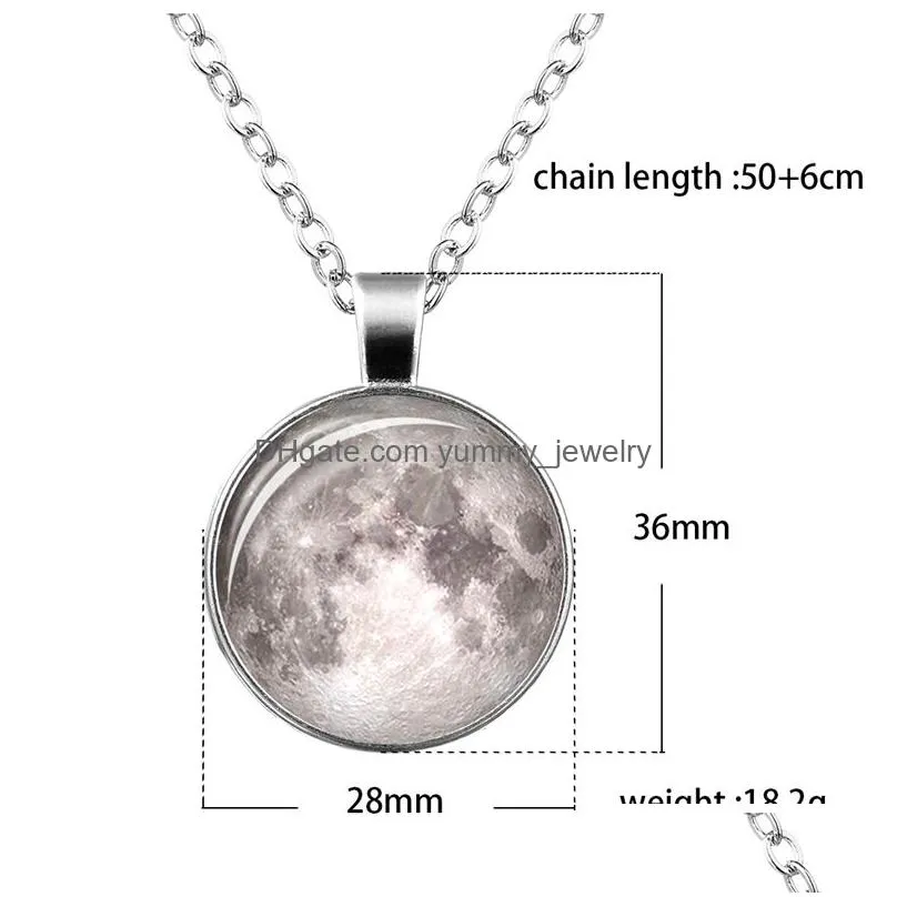 glowing in the dark vintage galaxy moon glass cabochon pendant necklace silver chain luminous necklace for women jewelry