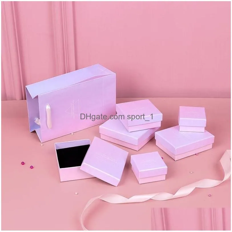 gradient pink paper jewelry box bracelet necklace ring earring cases handmde kraft wedding gifts packaging boxes accessories