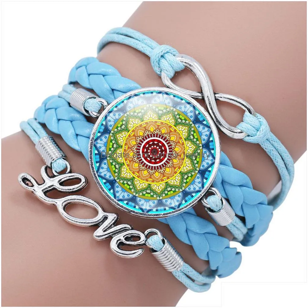 mandola flower buddhism zen glass cabochon love charm leather wrap bracelets bangles for women men gift bracelet