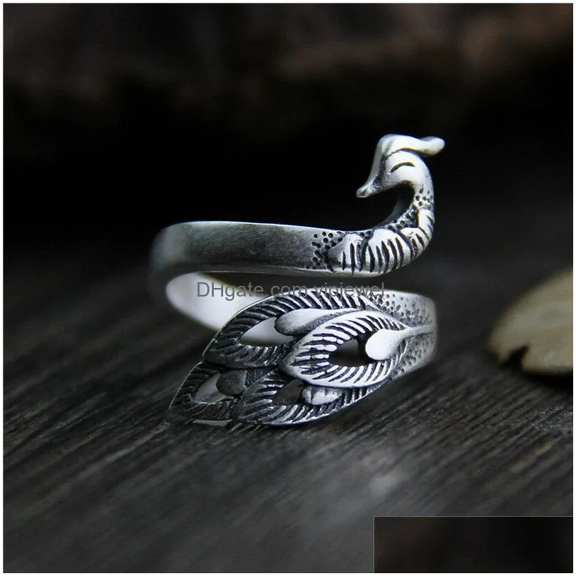 vintage black silver color peacock phoenix bird ring for women size adjustable alloy rings boho style female jewelry