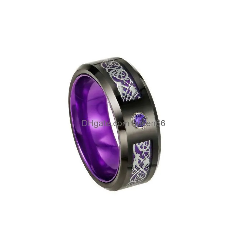 classic mens black celtic dragon wedding ring inlay purple zircon stainless steel purple carbon fibre ring for men band