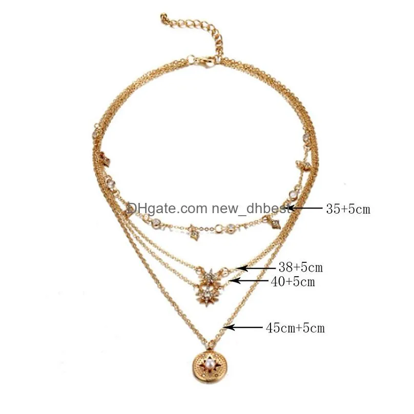 fashion vintage multilayer crystal pendant necklace women gold color beads moon star horn crescent choker necklaces jewelry