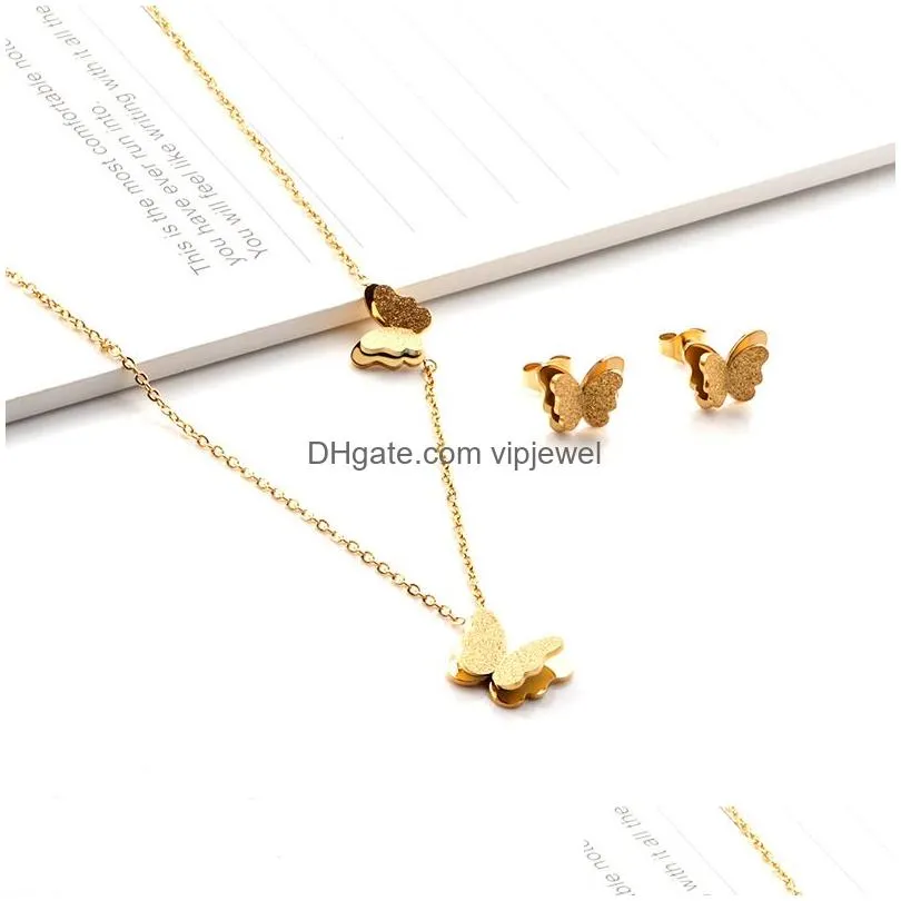 fashion butterfly necklace cute style pendant necklaces earrings sets stainless steel chains jewelry set rose gold color