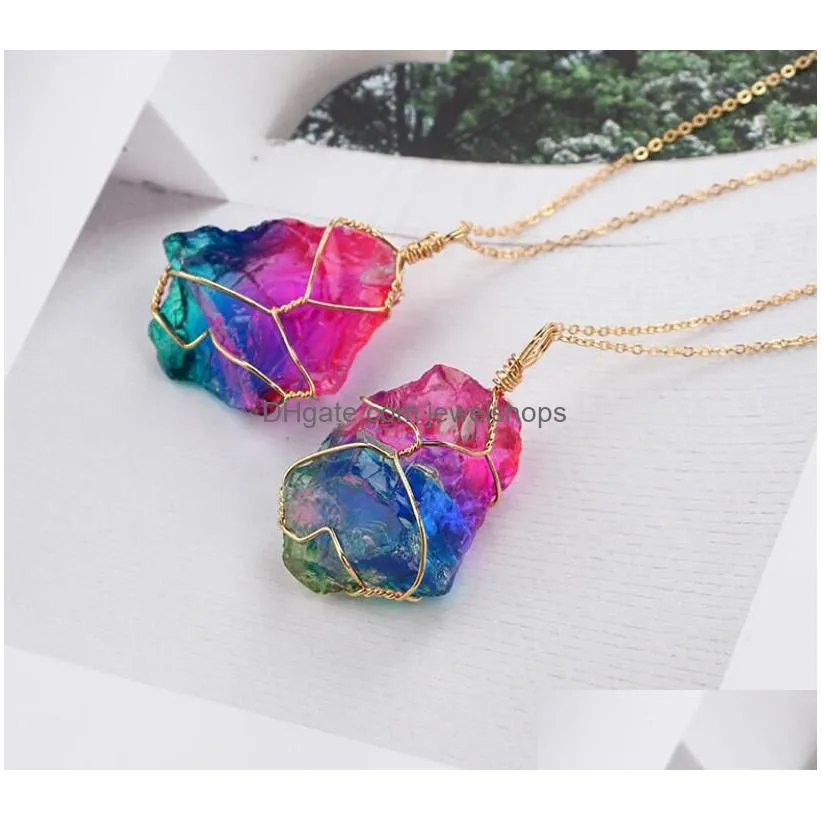 seven color necklace natural raw stone winding crystal pendant transparent multicolor chain necklaces jewelry for women