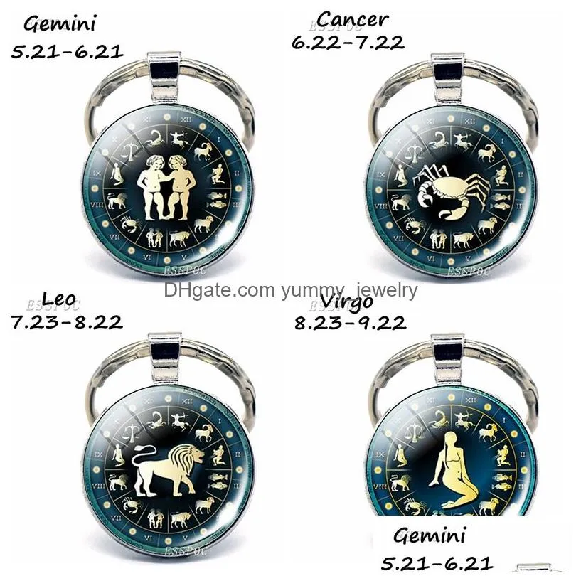 vintage 12 constellation glass cabochon metal keychain zodiac jewelry handmade birthday gift for men women