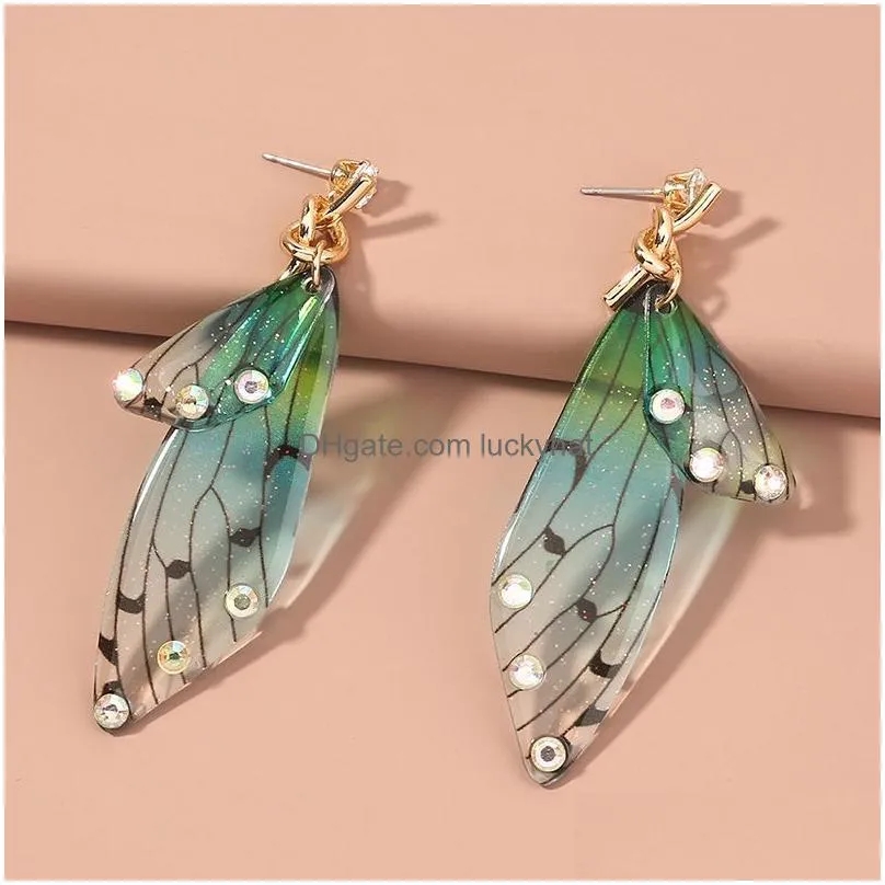 handmade fairy simulation wing dangle insect butterfly wing drop earrings foil rhinestone earring romantic bridal jewelry