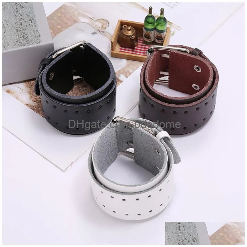 double pin buckle belt leather bangle cuff motorcycle wrap wide adjustable bracelet wristand for men women fashion jewelry