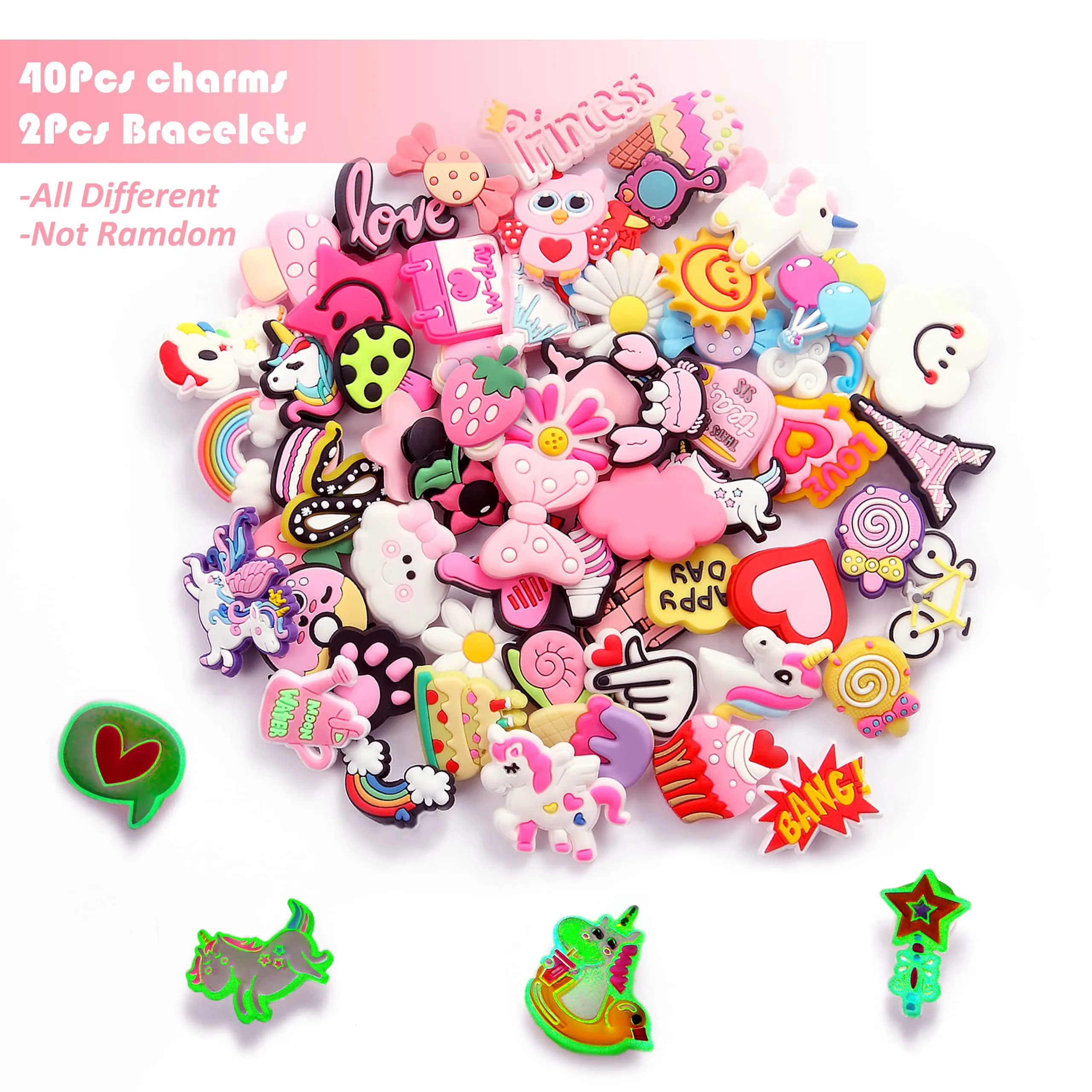 cute pink charms random and different pvc charms and wristbands for lovely charms for girls teen party favor christmas gift