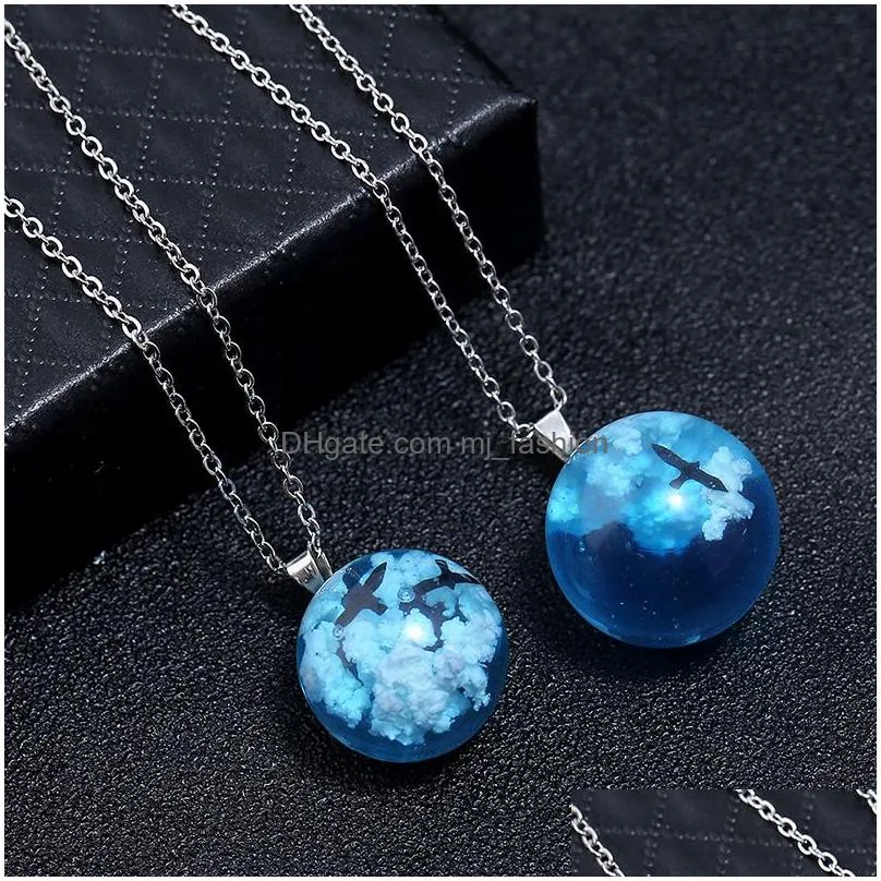 transparent resin rould ball luminous pendant women blue sky white cloud chain necklace jewelry gifts for girl fashion chic necklaces