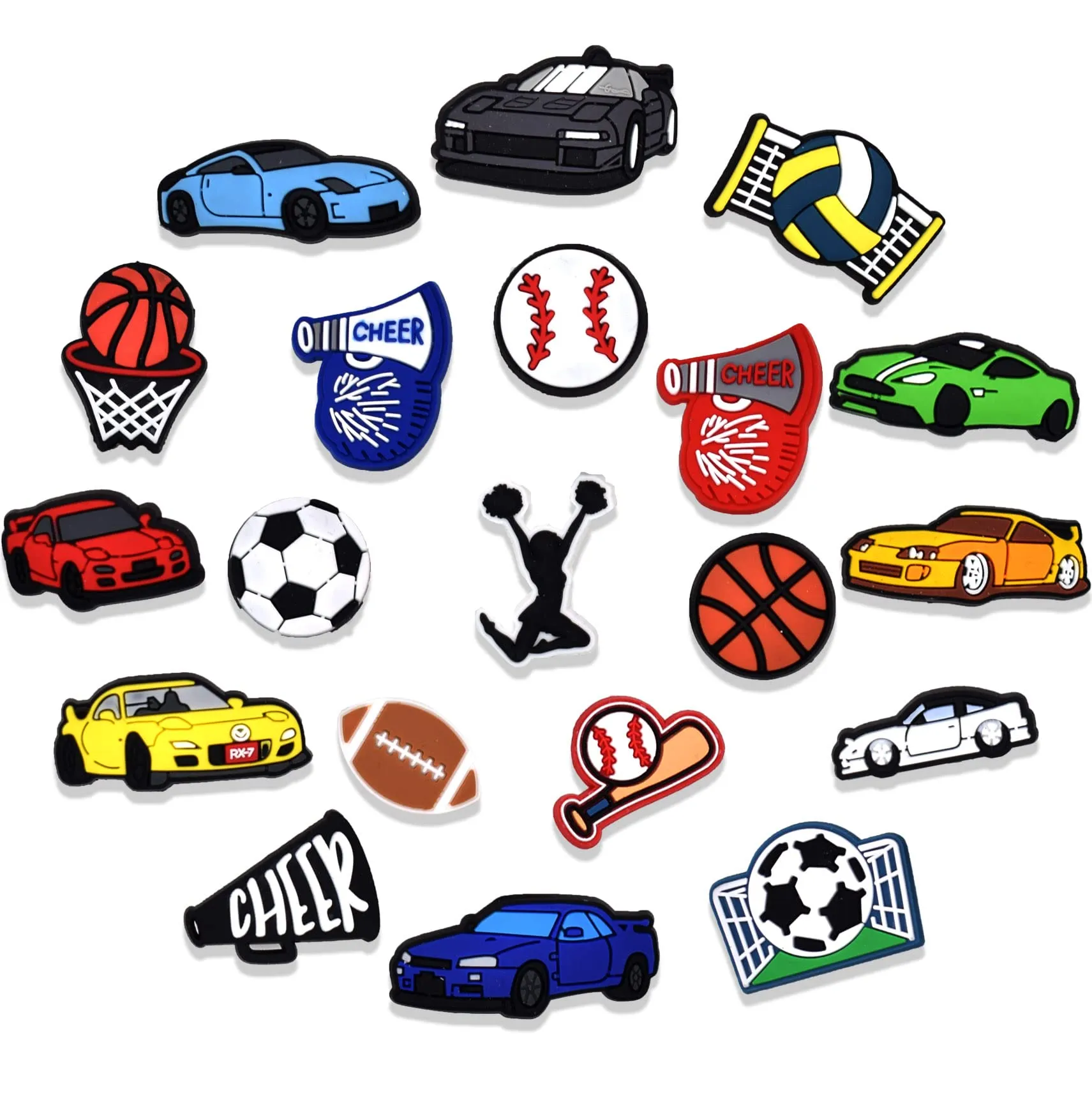 shinqear cool shoe charms pvc sports balls race car cheerleading mixed for clog sandals decoration shoes accessories for teen men and adults party favor birthday gifts