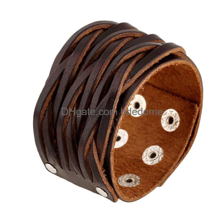 rows wide weae braid leather bangle cuff multilayer wrap button adjustable bracelet wristand for men women fashion jewelry black