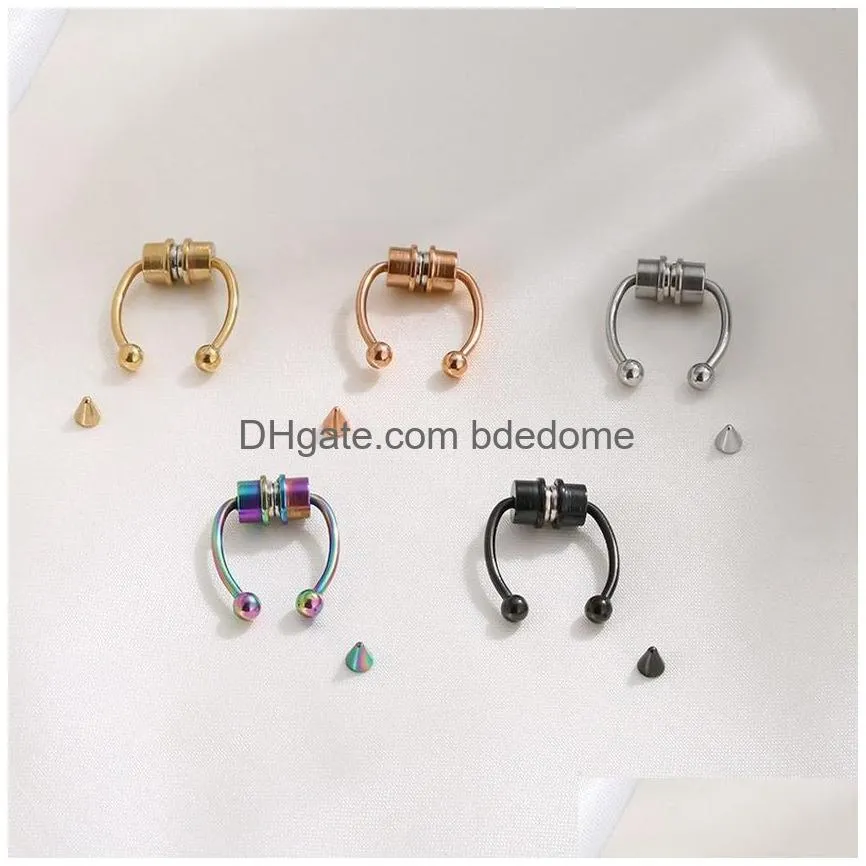 update anti allergy magnet clip on nose rings studs gold rainbow no hole stainless steel ring body jewelry for women fashion