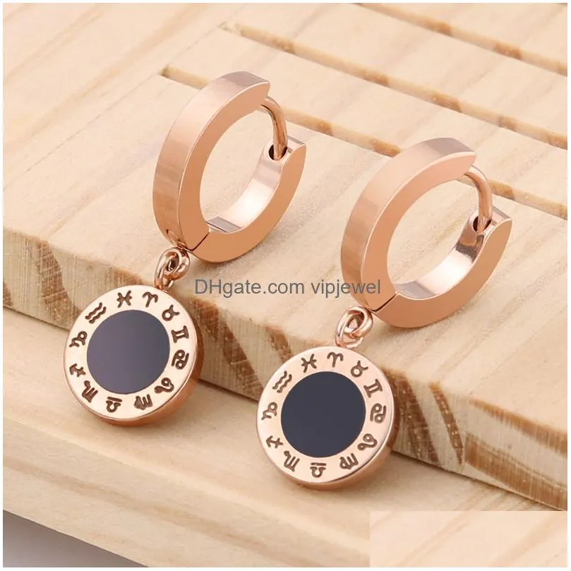 hiphop stainless steel constellation symbol circle hoop earrings for women men gold color fashion jewelry wholesale 1 pair