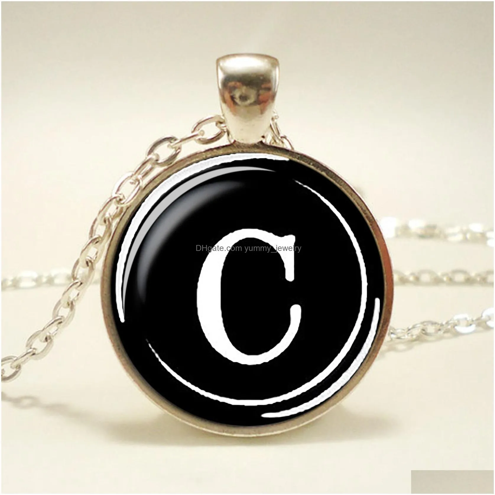 26 letters necklace alphabets glass cabochon pendant silver color chain necklace name initial letters men women fashion jewelry