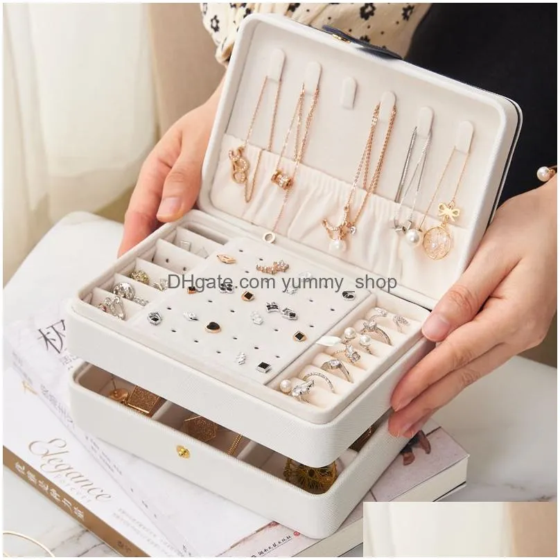large double layer jewelry box pu leather necklace earring ring holder casket makeup storage organizer box for gifts 17x12x8cm