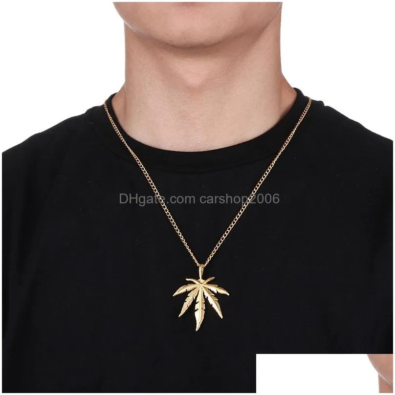 fashion man maple leaf necklace titanium steel hemp pendant glittery charm chain gift hip hop jewelry accessories