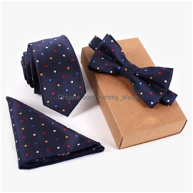vintage polyester yarn men tie set jacquard woven necktie bowtie suit red blue for groom business wedding party