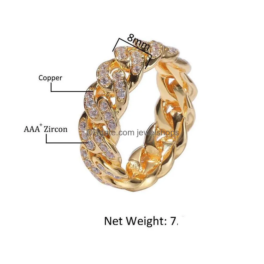 8mm men women cuban link chain ring hip hop zircon stone gold silver iced out rings for party jewelry gift