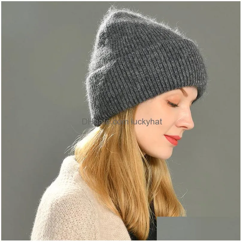 rabbit fur winter hats for women fashion warm beanie solid adult cover head cap