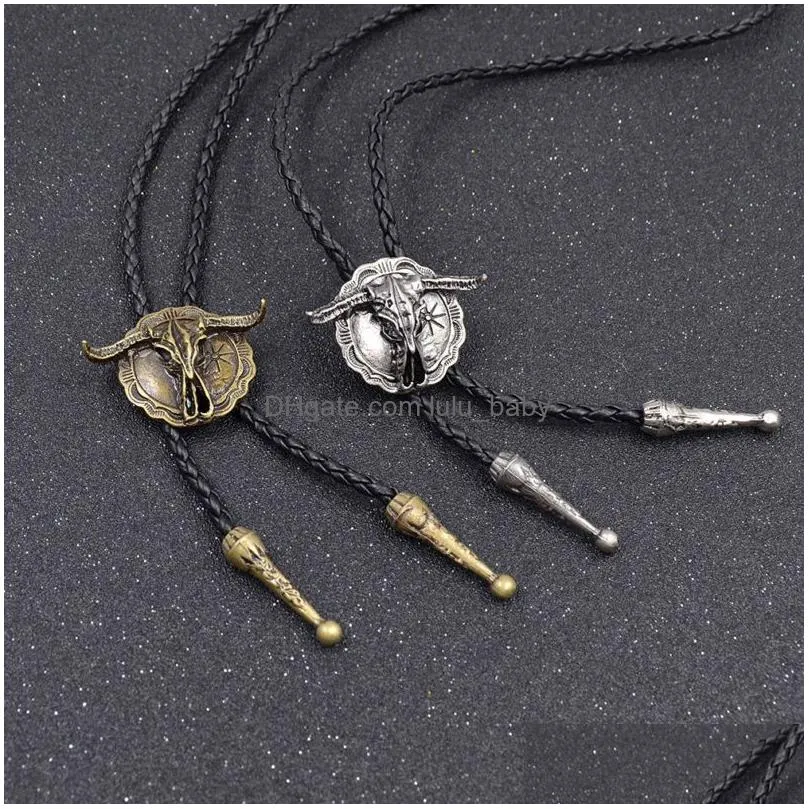 fashion western bull head bolo tie polo necklace retro alloy sweater chain black long necklace ornaments