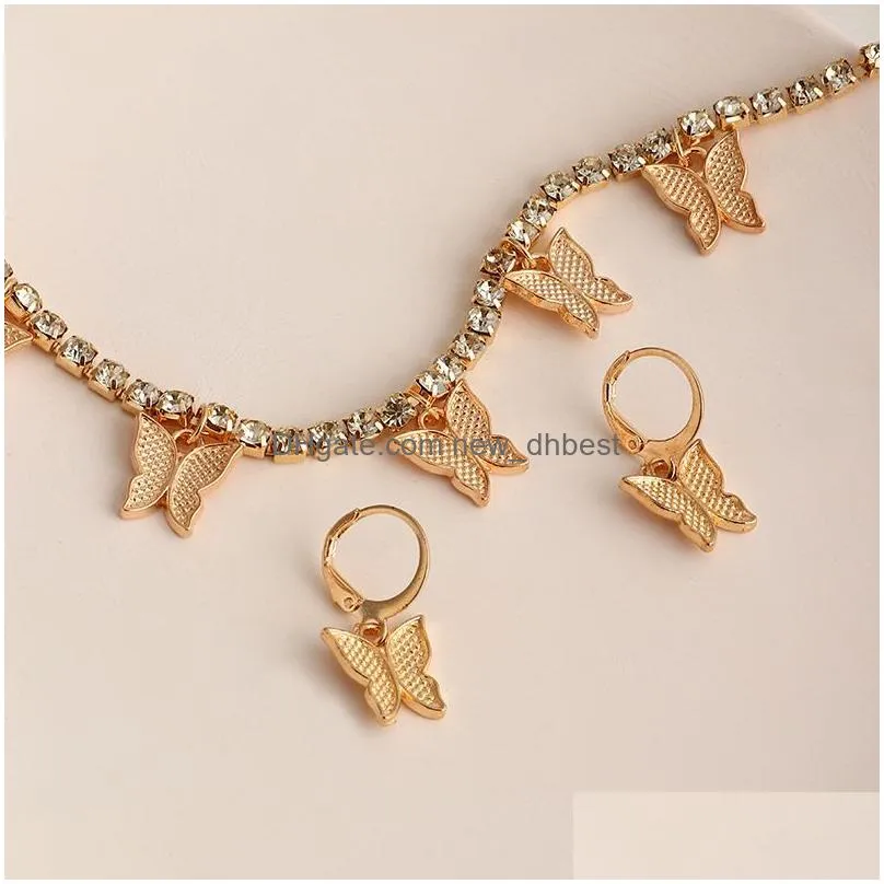 casual butterfly pendant necklace earrings sets metal for women gold color trendy wholesale