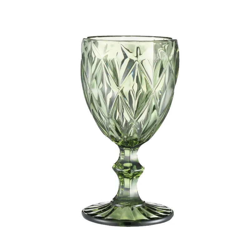10OZ Wine Glasses Cup Colored Glass Goblet with Stem 240ml Vintage Pattern Embossed Romantic Drinkware for Party Wedding Birthday Festival