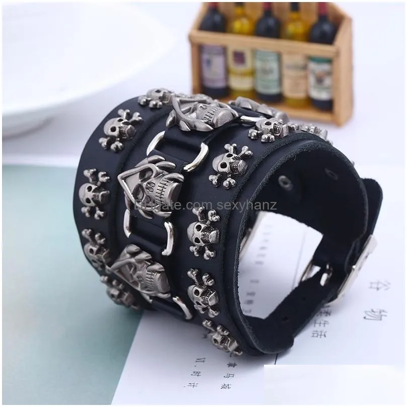 punk unique rock spikes rivet gothic skeleton charm bracelets skull biker wide cuff leather bangle gift