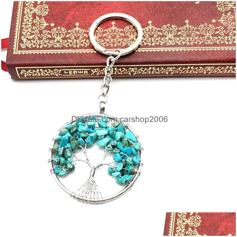 handmade natural crystal stone round tree of life pendant key rings holder for women girls car bags accessories