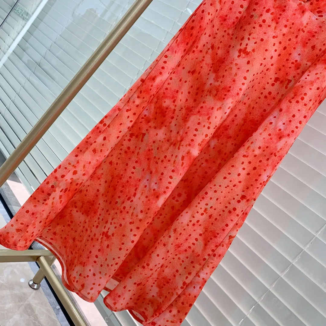Australia Designer Two Piece Set Luxury Women Designer Clothing Temperament V-Neck Watermelon Red Wave Dot Print Imitation Silk Long Skirt