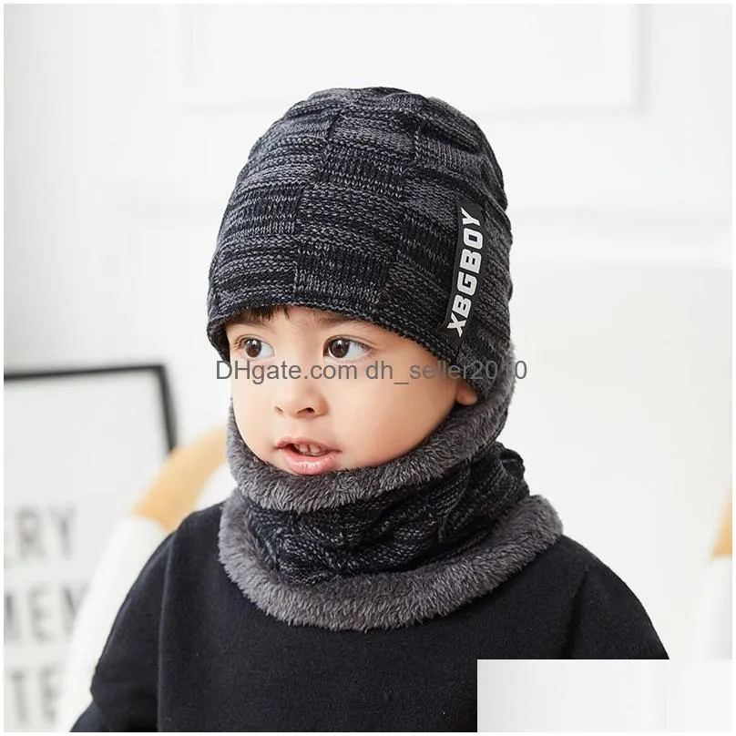 winter children knitted hat ring scarf sets kids warm baby plus velvet thick soft cap boys girls fleece lining beanies