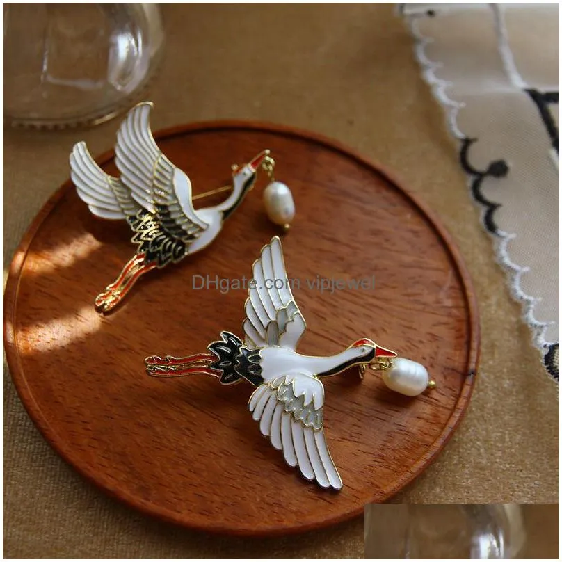 chinese style white crane bird brooches enamel pin shirt bag lapel pins badge vintage jewelry gift